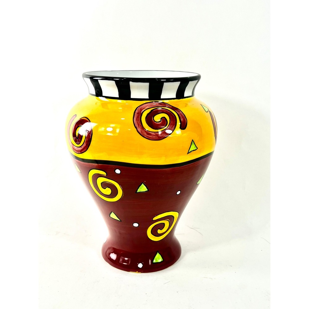 Bella Casa by Ganz Ceramic Vase Whimsical Swirl Striped Rim BC3796 Burgundy